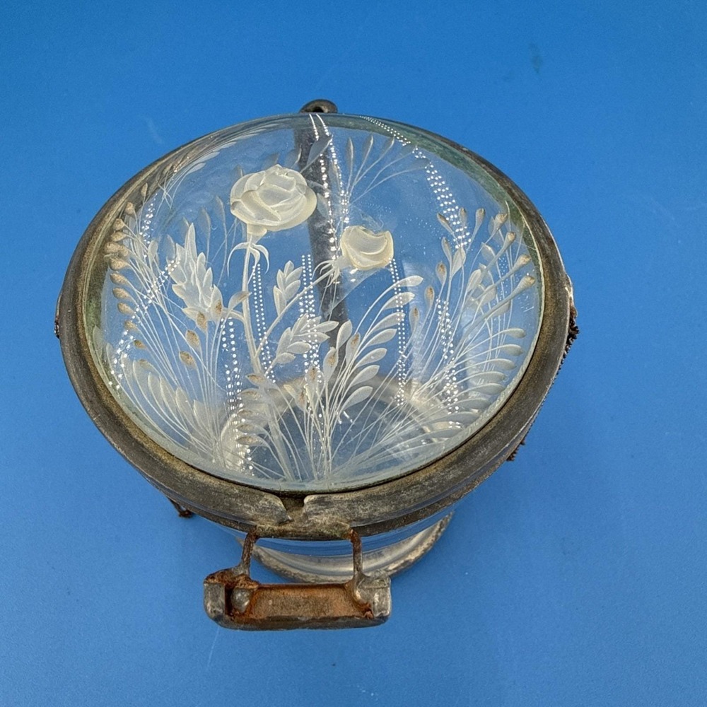 VTG Etched Rose Glass Powder Jar Vanity Box Metal Frame